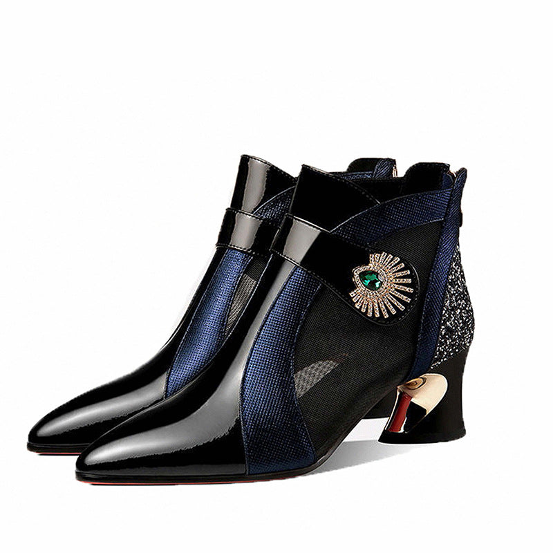 Damen nan elegante Netzstoff-Stiefelette mit Schmuckbesatz und geschwungenem Absatz R&B