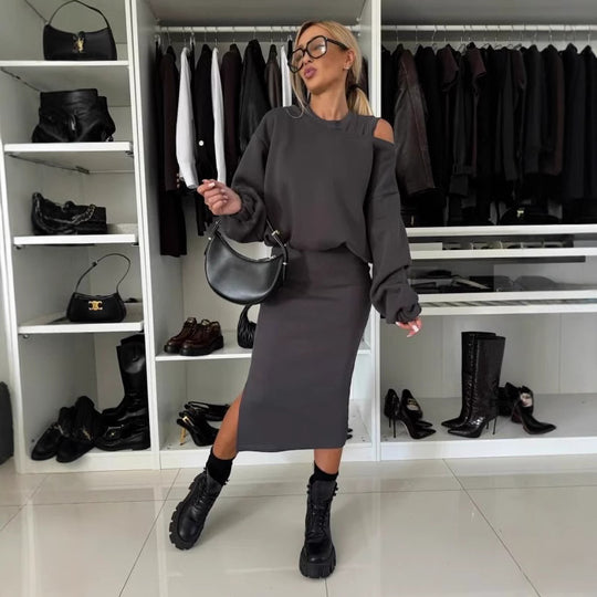 Damen modisches Sweatshirt und Midi-Rock Set R&B