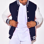 Herren Collegejacke mit kontrastierenden Ärmeln und Druckknopfverschlüssen R&B