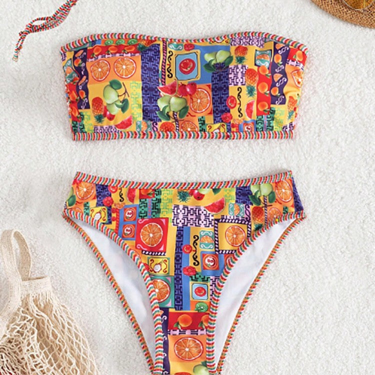Damen Bandeau-Bikini mit buntem Obstmotiv R&B