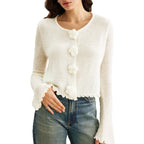 Damen kurze Strickjacke mit dekorativem Blumenknopf