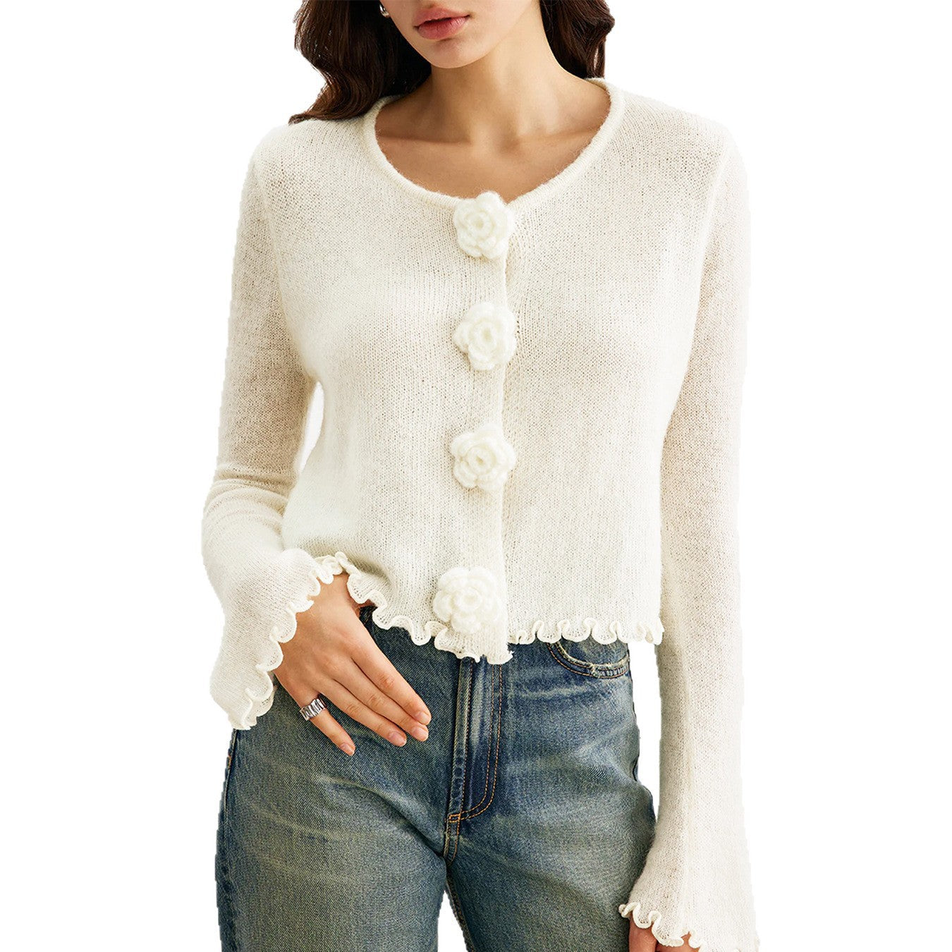 Damen kurze Strickjacke mit dekorativem Blumenknopf