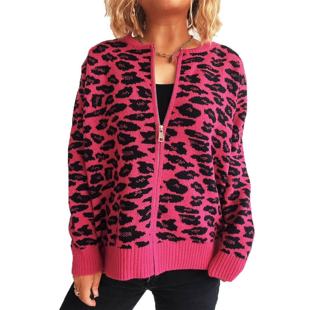 Damen Strickjacke mit modernem Leopardenmuster und Zipperdetails R&B