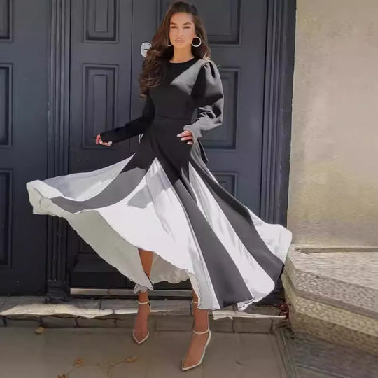 Damen Elegantes Langarmkleid mit Puffärmeln und Fließendem Saum R&B