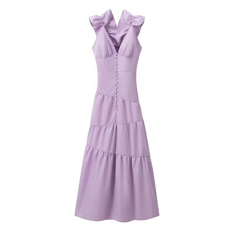 Damen Maxikleid mit schwingendem Rüschendesign und elegantem V-Ausschnitt R&B