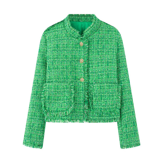 Damen elegante Kurzjacke aus strukturiertem Gewebe mit goldenen Knöpfen Heidi-Mode