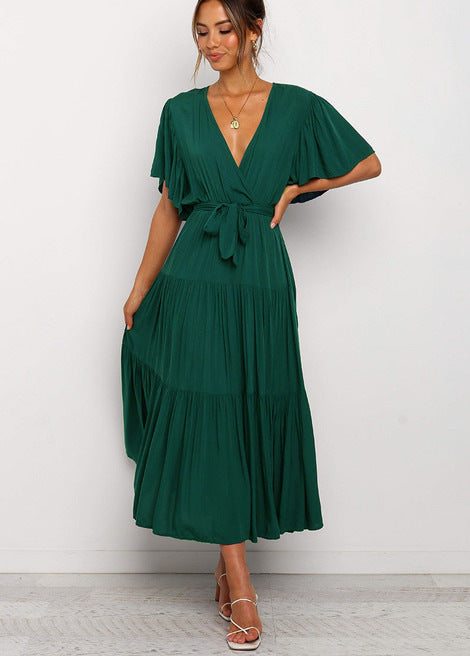 Damen Maxikleid mit tiefem V-Ausschnitt und schwingenden Ärmeln R&B