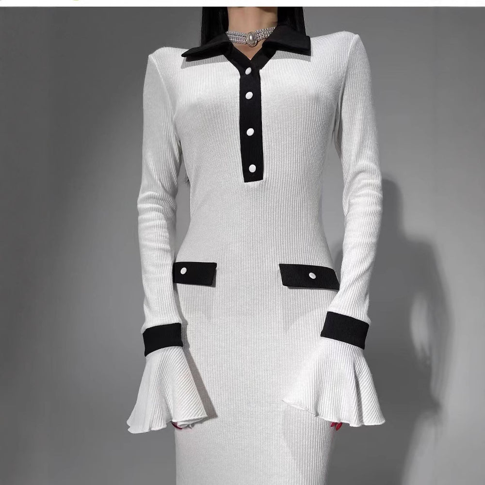 Damen elegantes Maxikleid mit Kontrastkragen und schmeichelhaften Ärmelverzierungen R&B