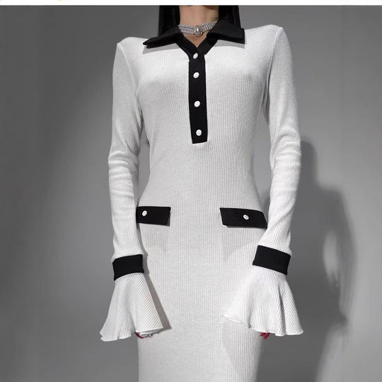 Damen elegantes Maxikleid mit Kontrastkragen und schmeichelhaften Ärmelverzierungen R&B