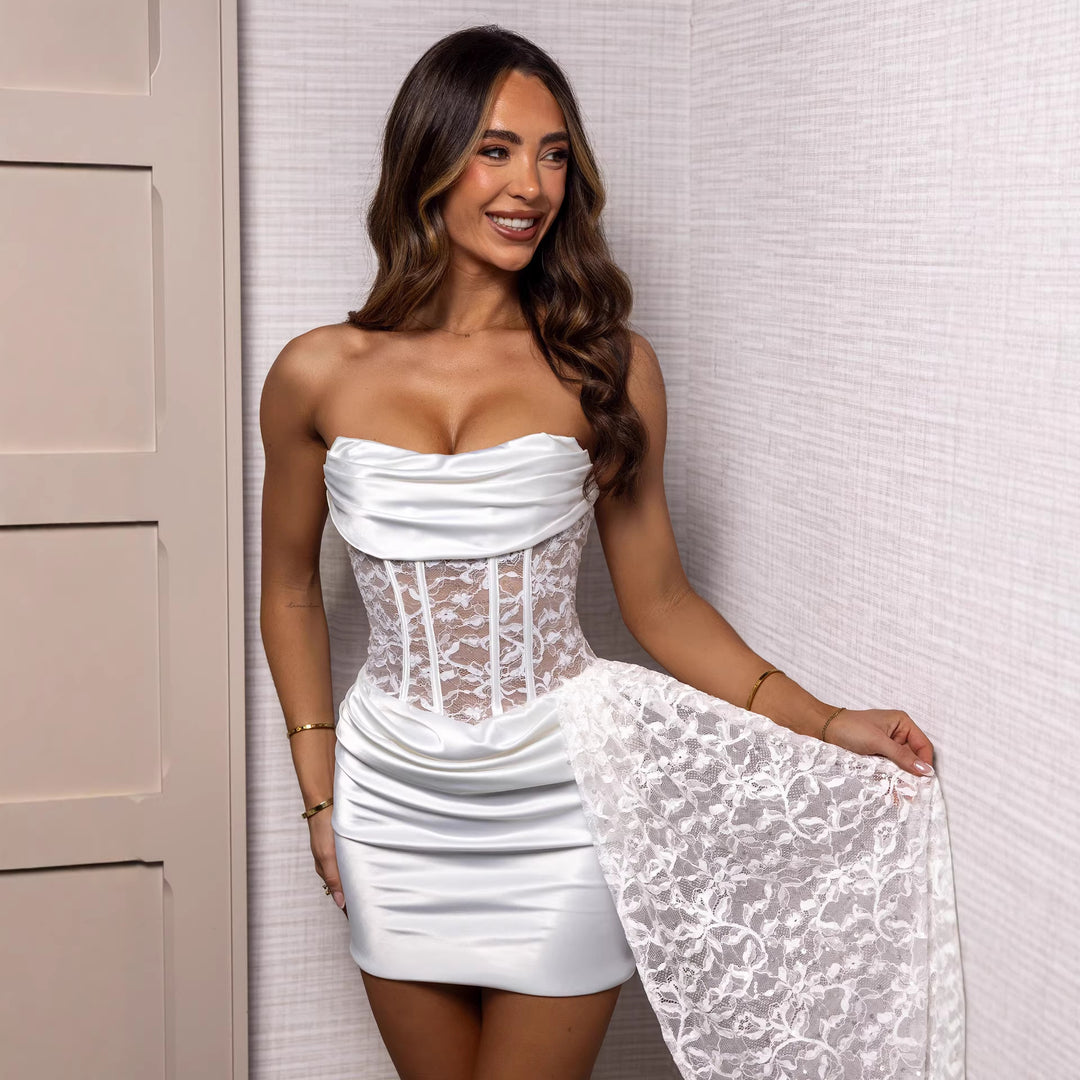 Damen Korsett-inspiriertes Mini-Kleid mit eleganter Spitze und fließendem Rock R&B