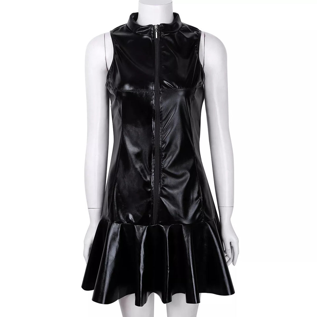 Damen Mini-Kleid im aufregenden Lederlook mit Reißverschluss und schwingendem Saum R&B