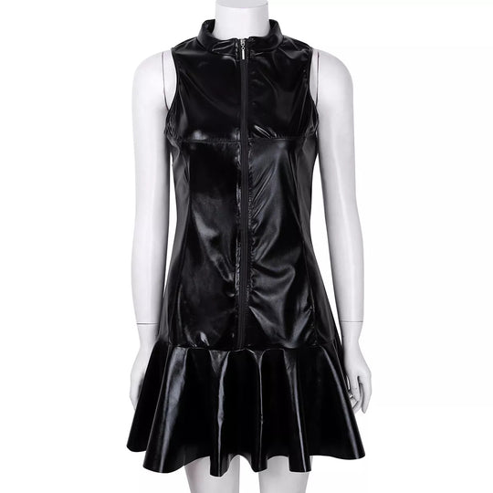 Damen Mini-Kleid im aufregenden Lederlook mit Reißverschluss und schwingendem Saum R&B