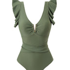 Damen Eleganter Einteiler Badeanzug mit Rüschen und Bindegürtel R&B