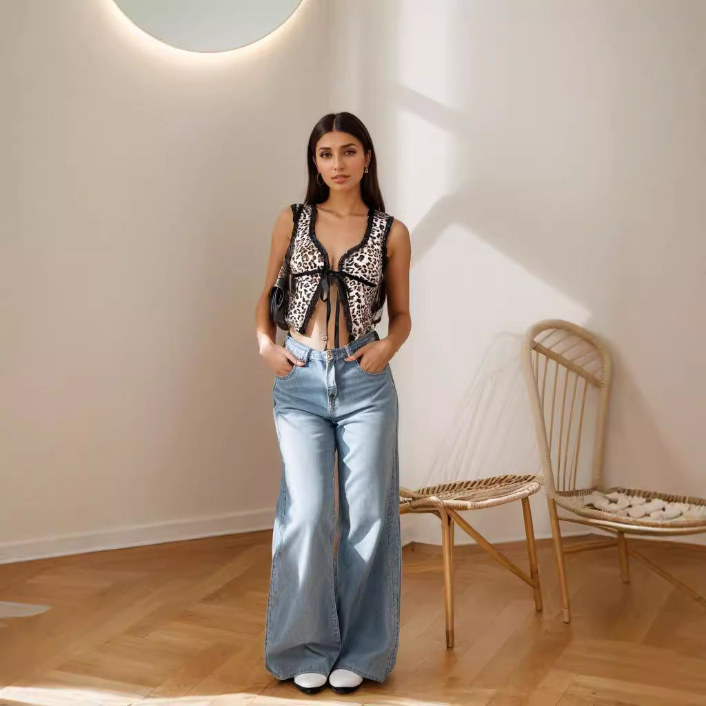 Damen Sexy Animal-Print Oberteil mit Spitzenakzenten und Schleifenbindung R&B
