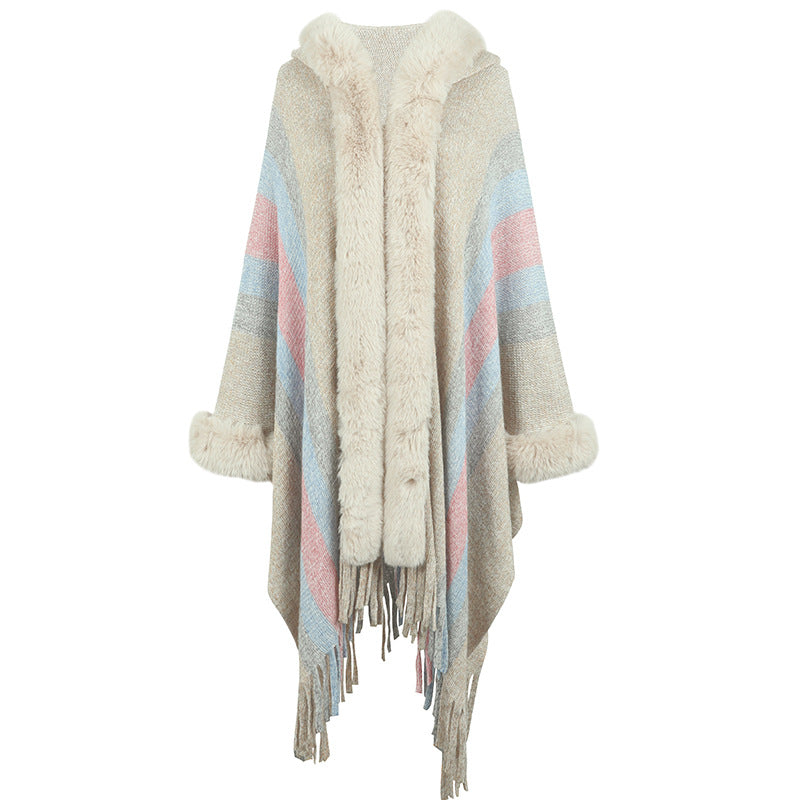 Damen modischer Poncho mit luxuriösem Kunstfellkragen und Fransen R&B