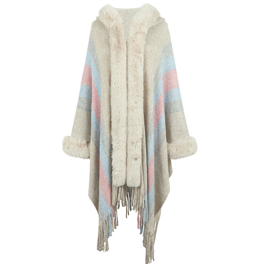 Damen modischer Poncho mit luxuriösem Kunstfellkragen und Fransen R&B