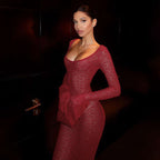 Damen Strickmaxikleid mit langen Ärmeln und großflächigem Häkelmuster R&B
