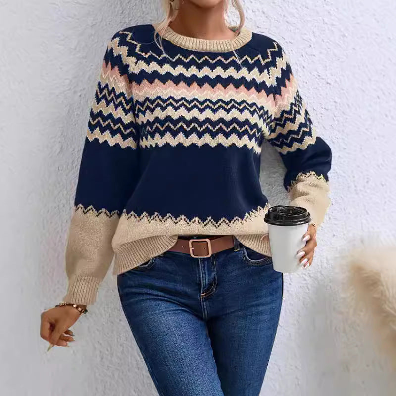 Damen Pullover mit Wellenmuster und klassischem Rundhalsausschnitt R&B