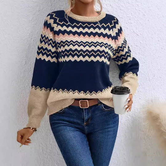 Damen Pullover mit Wellenmuster und klassischem Rundhalsausschnitt R&B