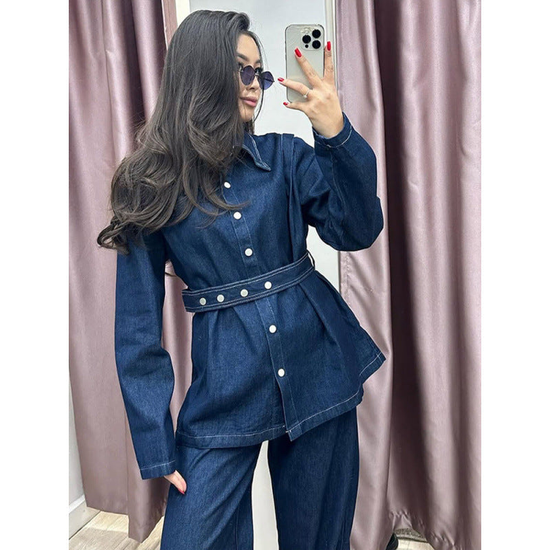 Damen Denim-Blazer-Set im Vintage-Stil mit Taillengürtel R&B