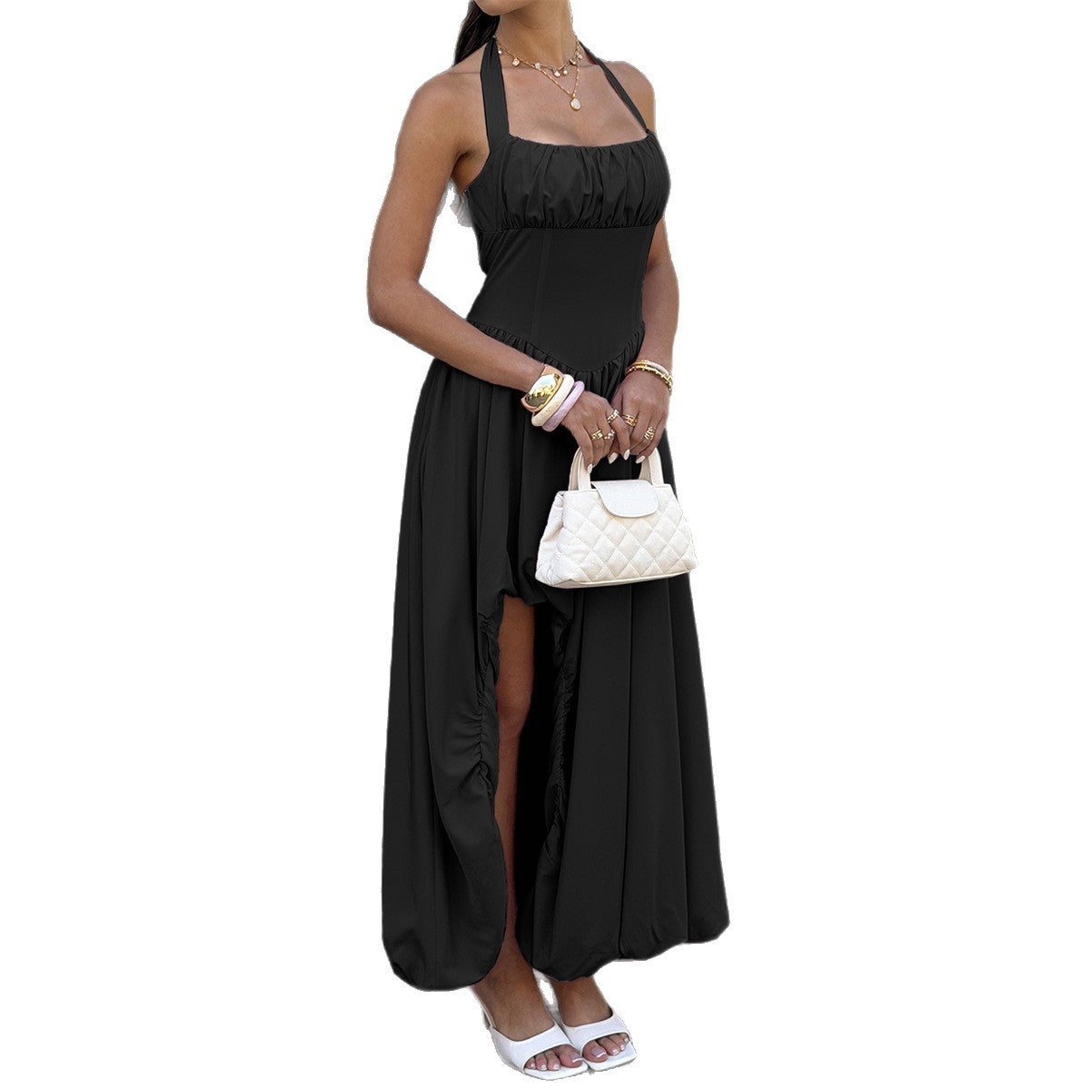 Damen Maxikleid mit Rüschen und tiefem Schlitz R&B