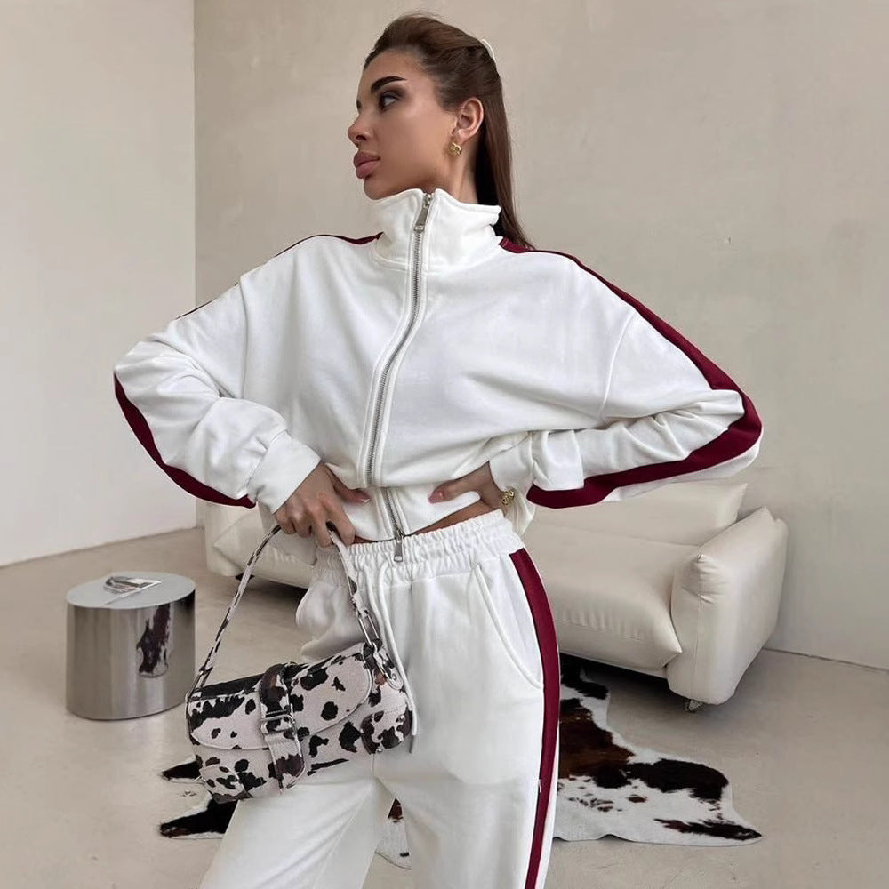 Damen sportliches Fleece-Set mit Stehkragen und seitlichen Kontraststreifen R&B