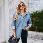 Damen Denim-Überhemd mit fransigem Saum und aufgesetzten Taschen R&B