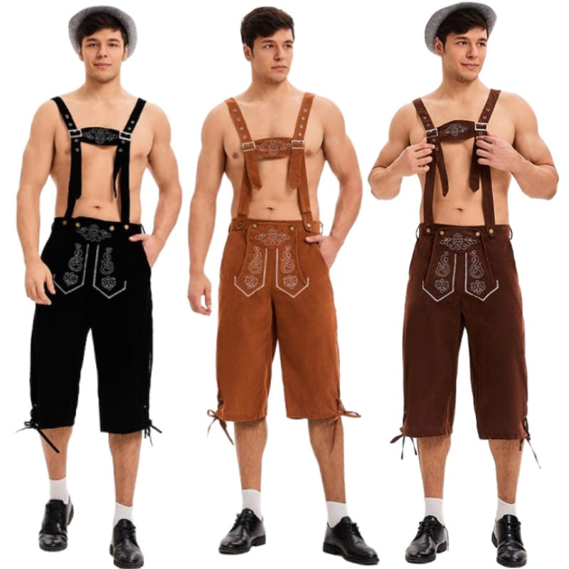 Herren nan knielange traditionelle Lederhose mit besticktem Brustlatz und verstellbaren Trägern R&B