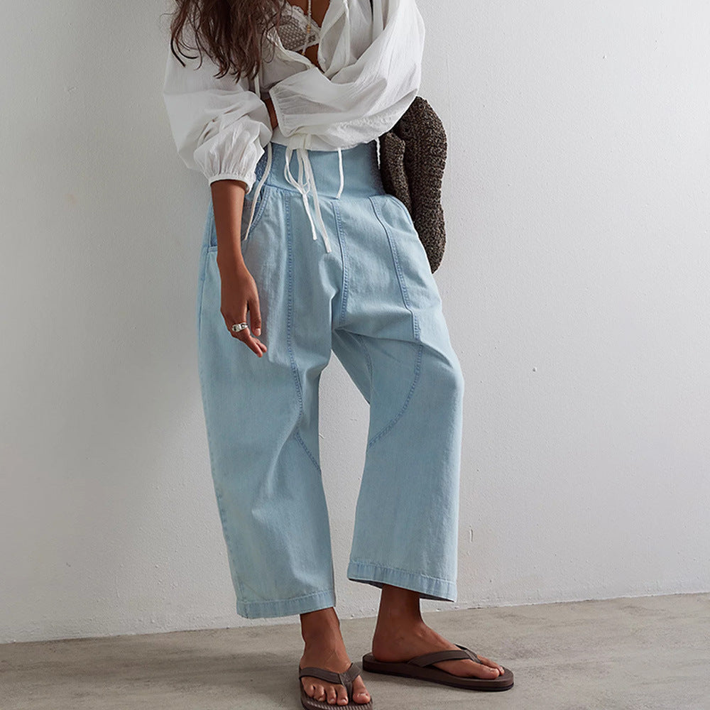 Damen lässige Loose-Fit Jeans mit elastischem Bund und geräumigen Taschen R&B