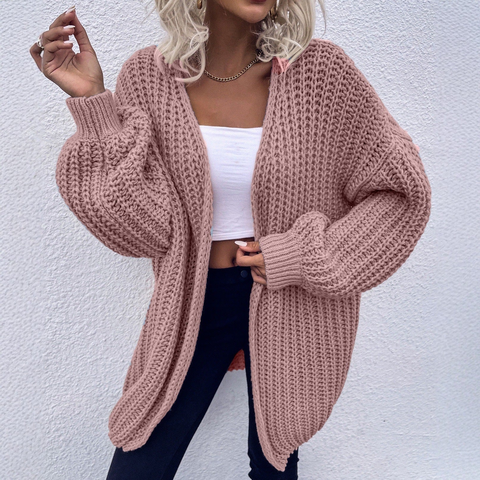 Damen lässiger Grobstrick-Cardigan mit tiefen Taschen und voluminösen Ärmeln R&B