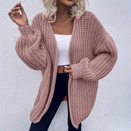 Damen lässiger Grobstrick-Cardigan mit tiefen Taschen und voluminösen Ärmeln R&B