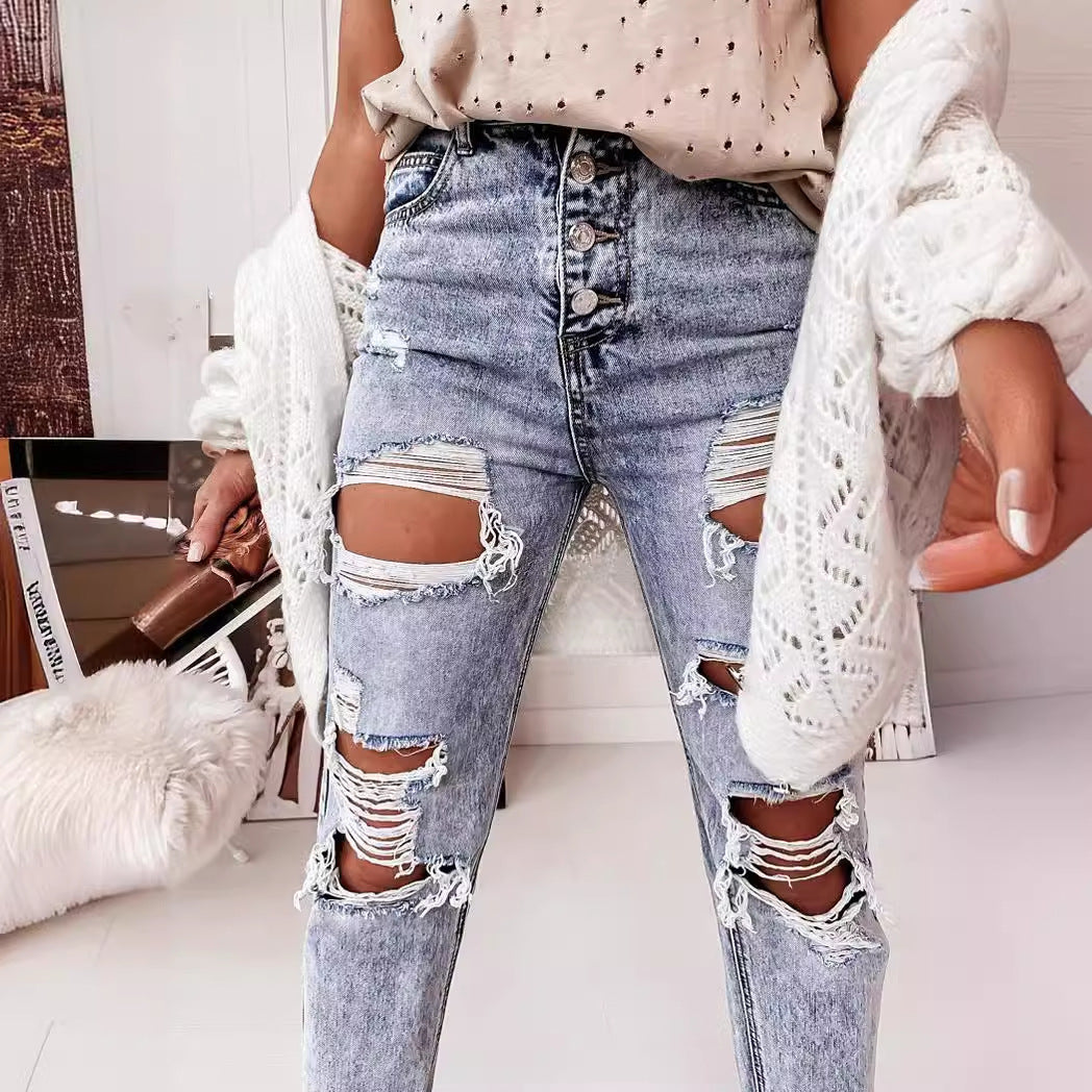 Damen Destroyed Boyfriend Jeans Im Lässigen Vintage-Stil mit Hohem Bund R&B