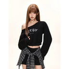 Damen nan einseitig offenes Cropped-French-Terry-Pullover mit voluminösen Ärmeln und Rippbund R&B