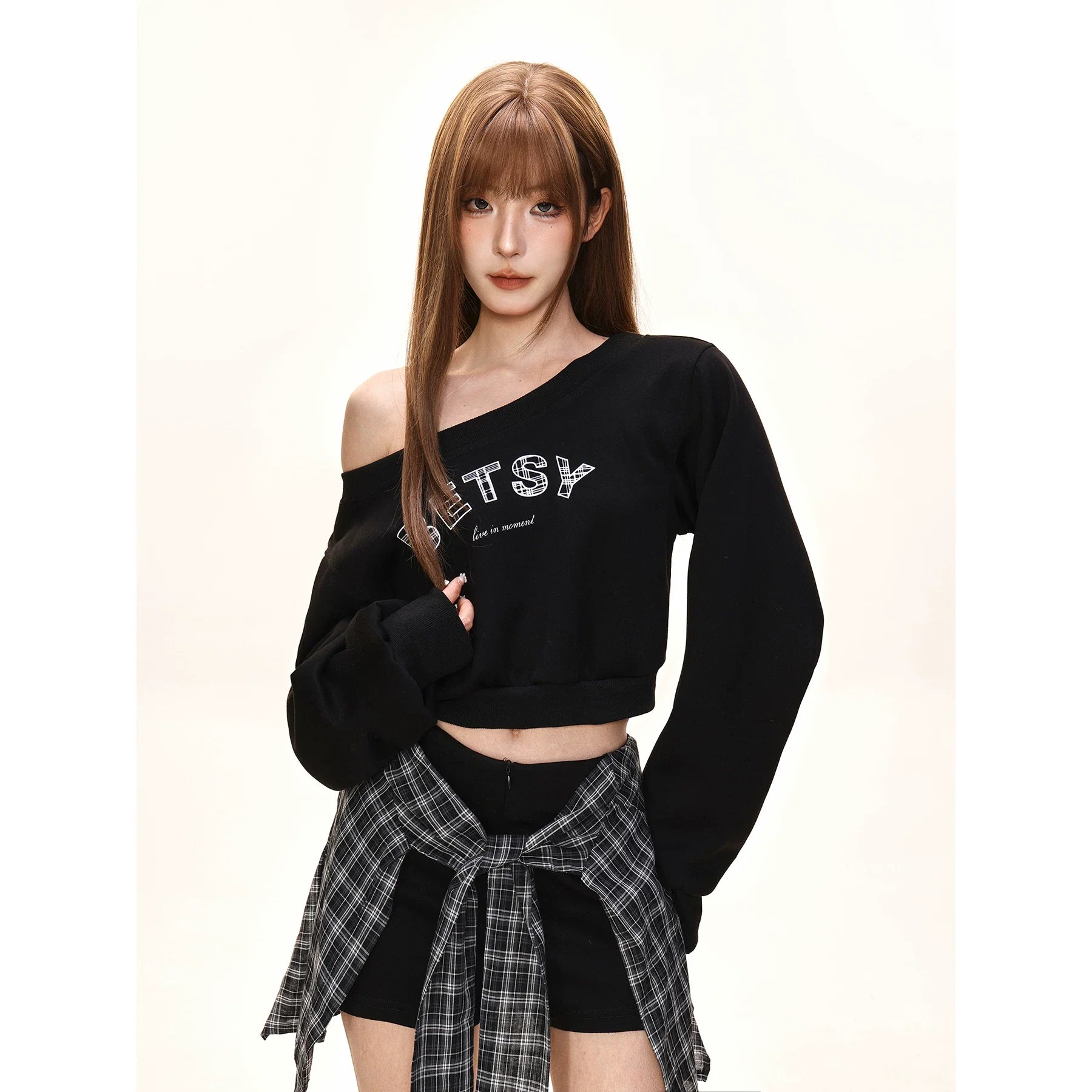 Damen nan einseitig offenes Cropped-French-Terry-Pullover mit voluminösen Ärmeln und Rippbund R&B