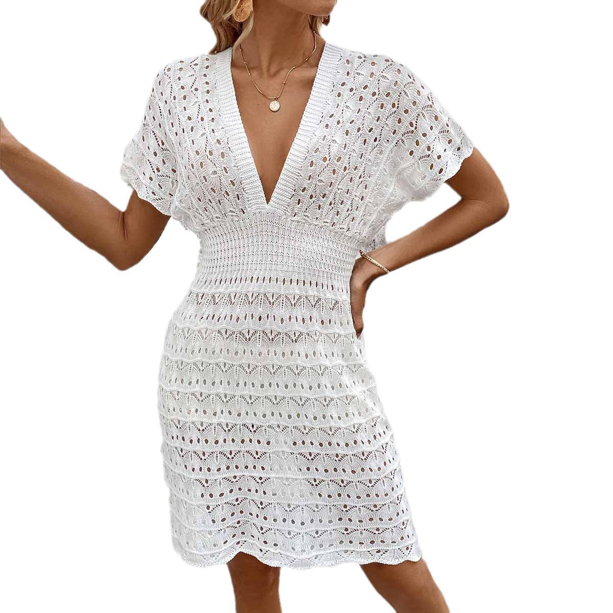 Damen häkelhaftes Strandkleid mit tiefem V-Ausschnitt R&B