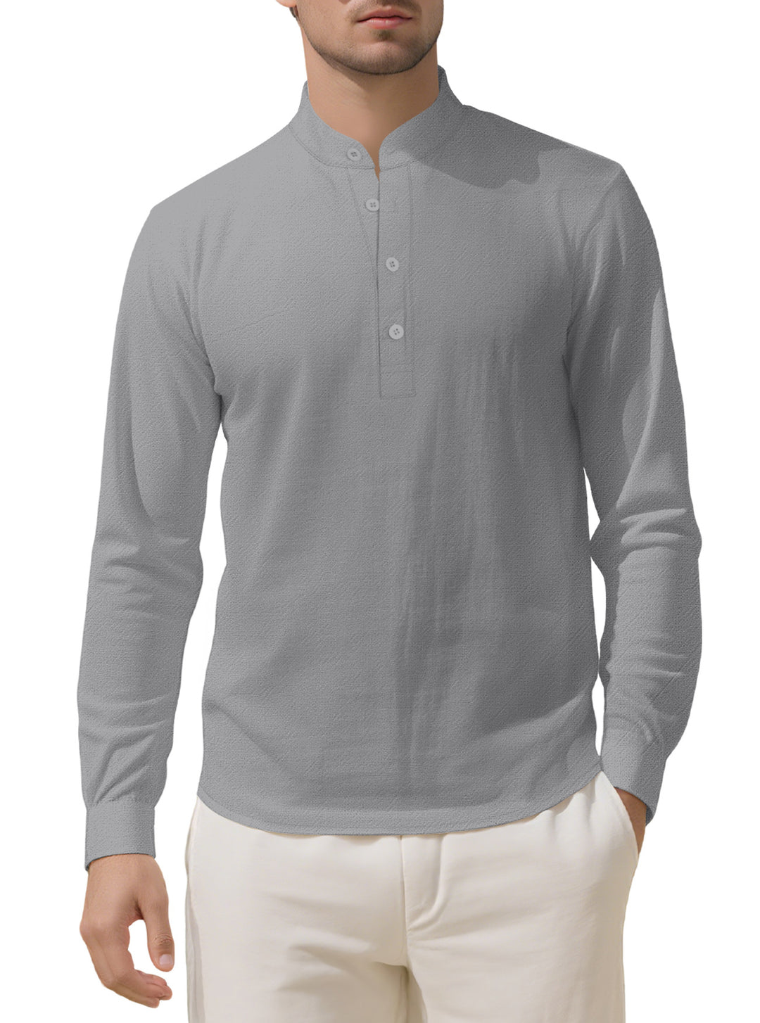 Herren nan Nehru-Kragen-Henley aus Baumwollstretch mit verdeckter Knopfleiste und schmaler Passform R&B