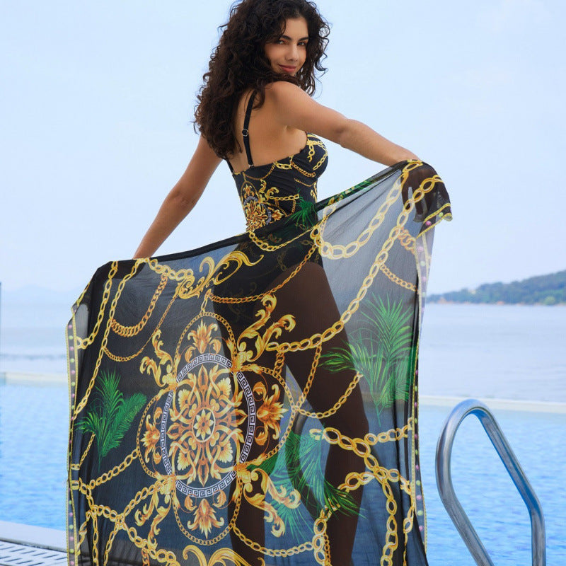 Damen Eleganter einteiliger Badeanzug mit dekorativem Gürtel R&B