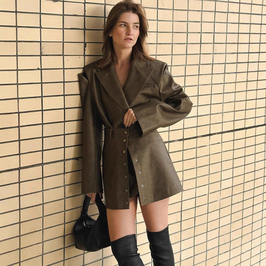 Damen lässige Kunstlederjacke mit hohem Kragen und praktischen Druckknöpfen R&B