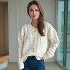 Damen Strickjacke mit eleganter Zopfmusterstruktur und dekorativen Knöpfen R&B