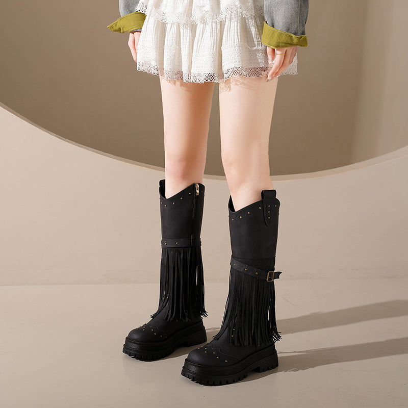 Damen Overknee-Stiefel mit modischem Fransen-Design und robustem Profil R&B
