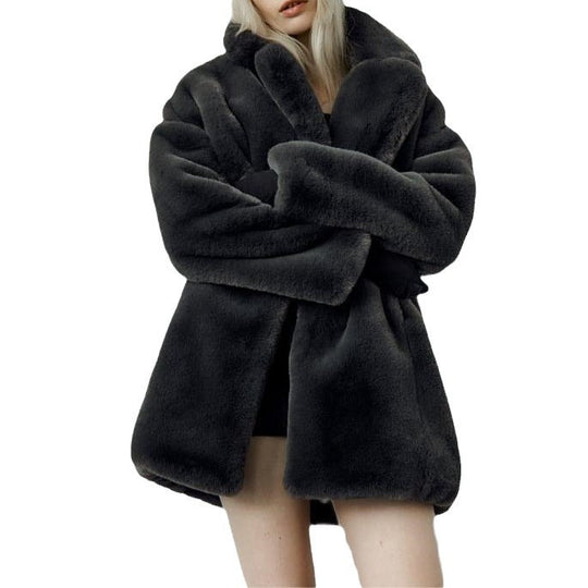 Damen Flauschiger Oversized-Kunstpelzmantel mit tiefem Revers R&B