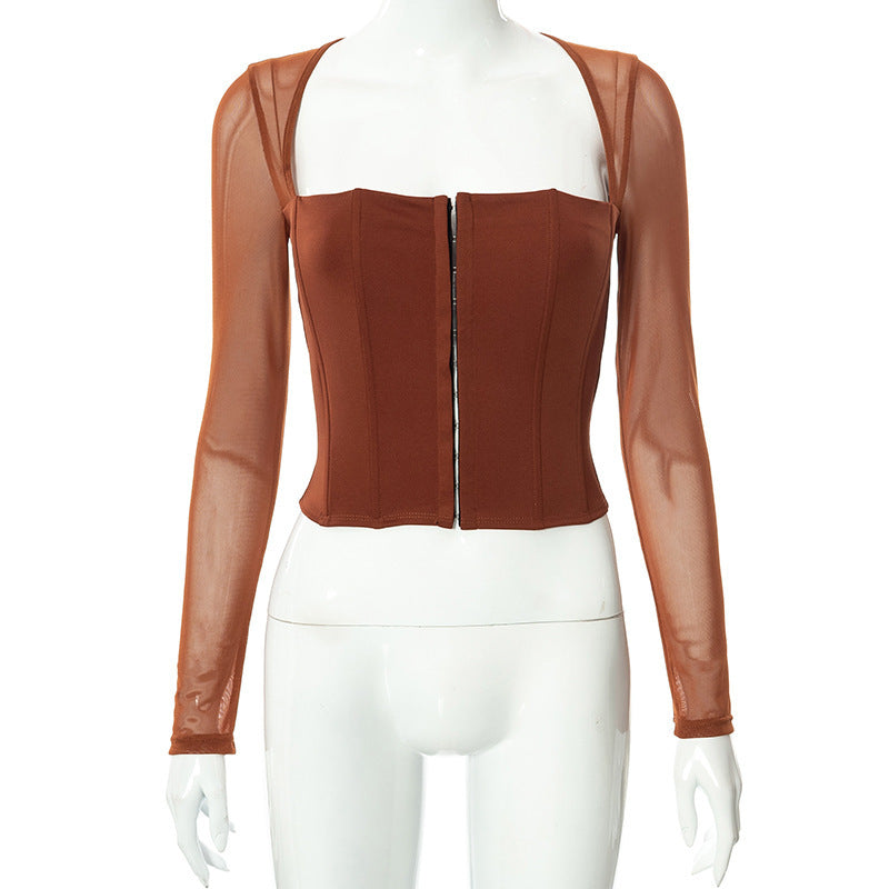 Damen Cropped Oberteil mit transparenten Ärmeln und strukturiertem Schnitt R&B