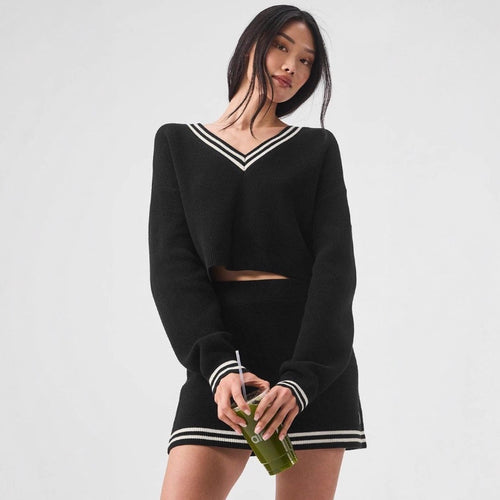 Damen Strickkleid im sportlichen Oversized-Design mit tiefem V-Ausschnitt und Farbblockdetails R&B