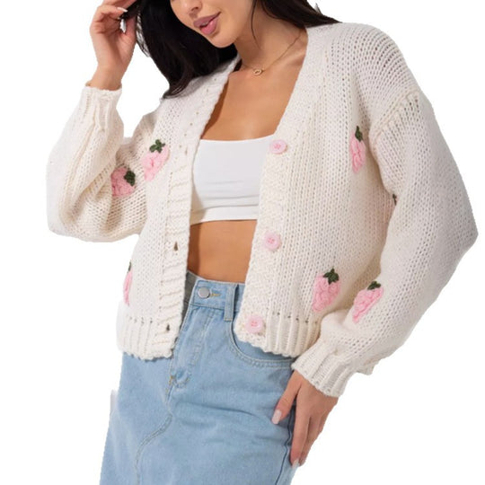 Damen Strickjacke mit floralem Stickdesign und geripptem Bund R&B