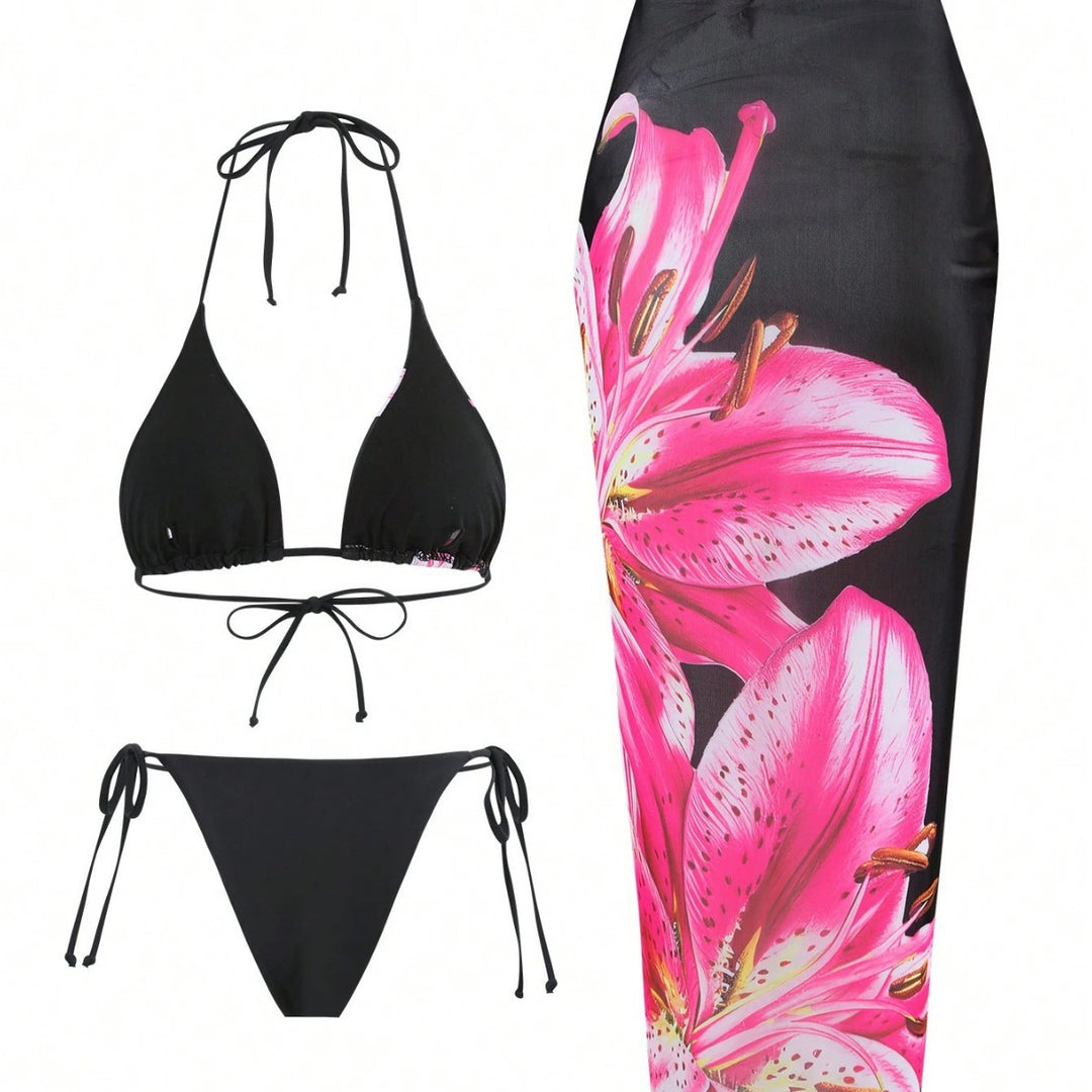 Damen Bikini-Set mit floralem Muster und passendem Wickelrock R&B