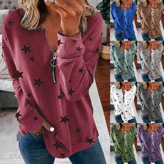 Damen Lässiger Sweatshirt mit Reißverschluss und Sternenmotiv R&B