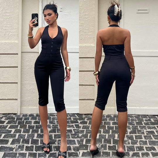 Damen Jumpsuit mit tiefem V-Ausschnitt und elegantem Knopfdetail R&B