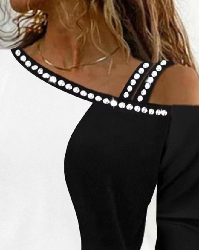 Damen Trendy Asymmetrisches Oberteil mit Strassbesatz R&B
