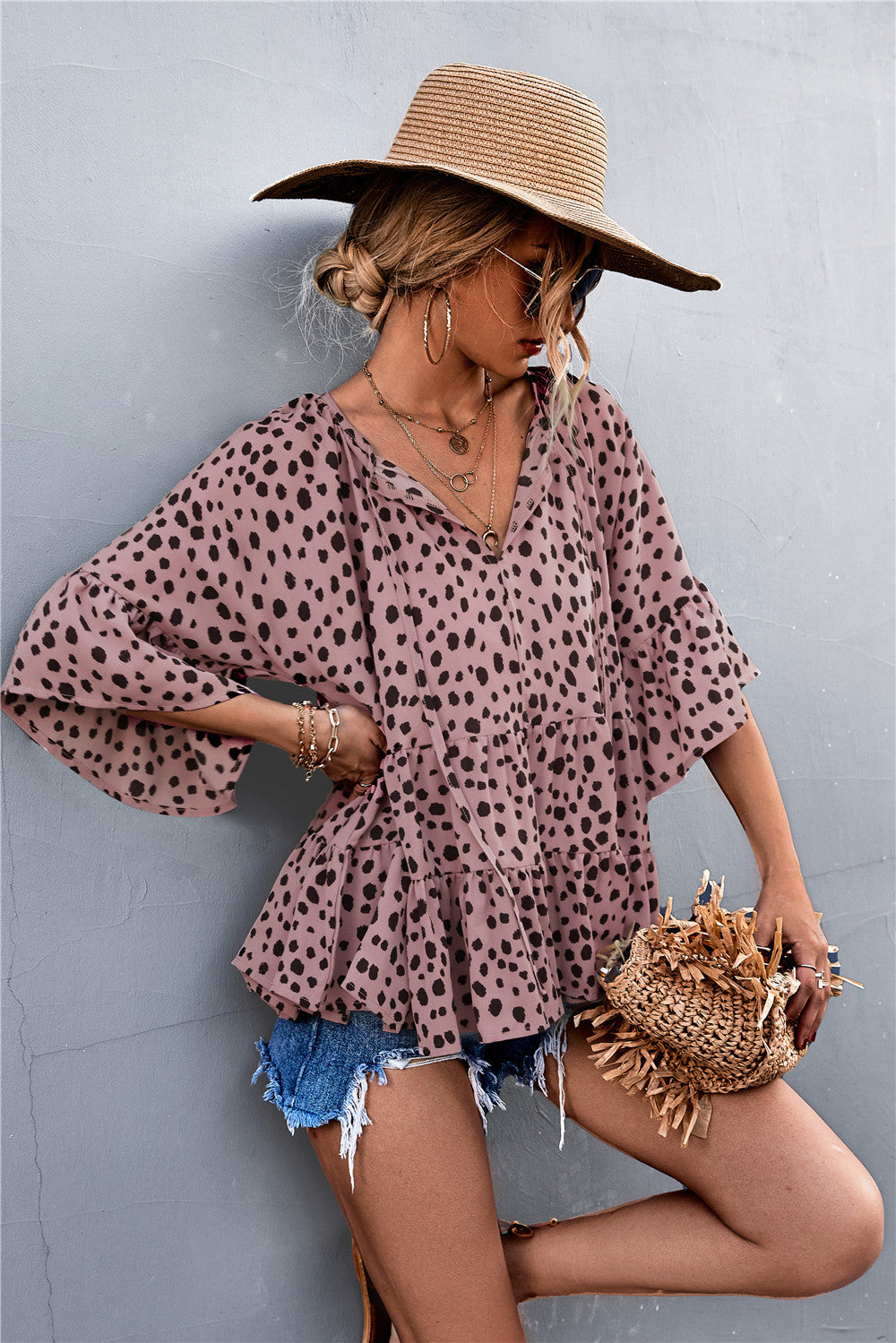 Damen lässige Bluse mit voluminösen Ärmel und modischem Punktmuster R&B