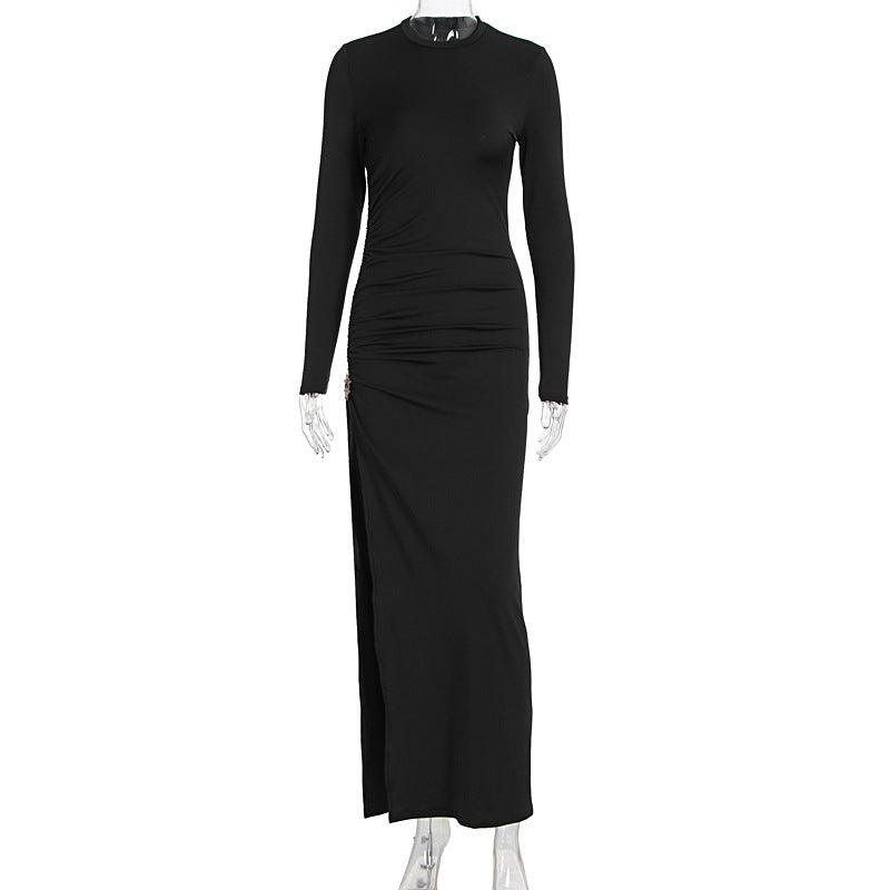 Damen elegantes, figurbetontes Kleid mit Raffungen und hohem Schlitz R&B